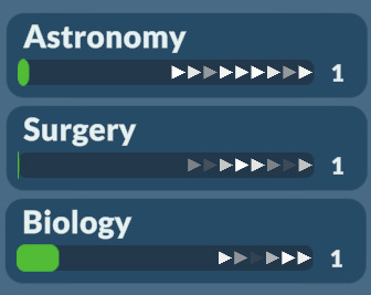 Paralives skill bars for Astronomy, Surgery and Biology