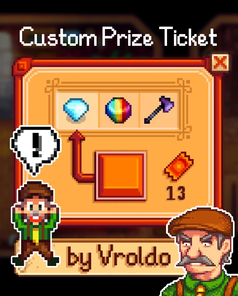 Custom Prize Ticket title card in Stardew Valley pixel art, by Vroldo