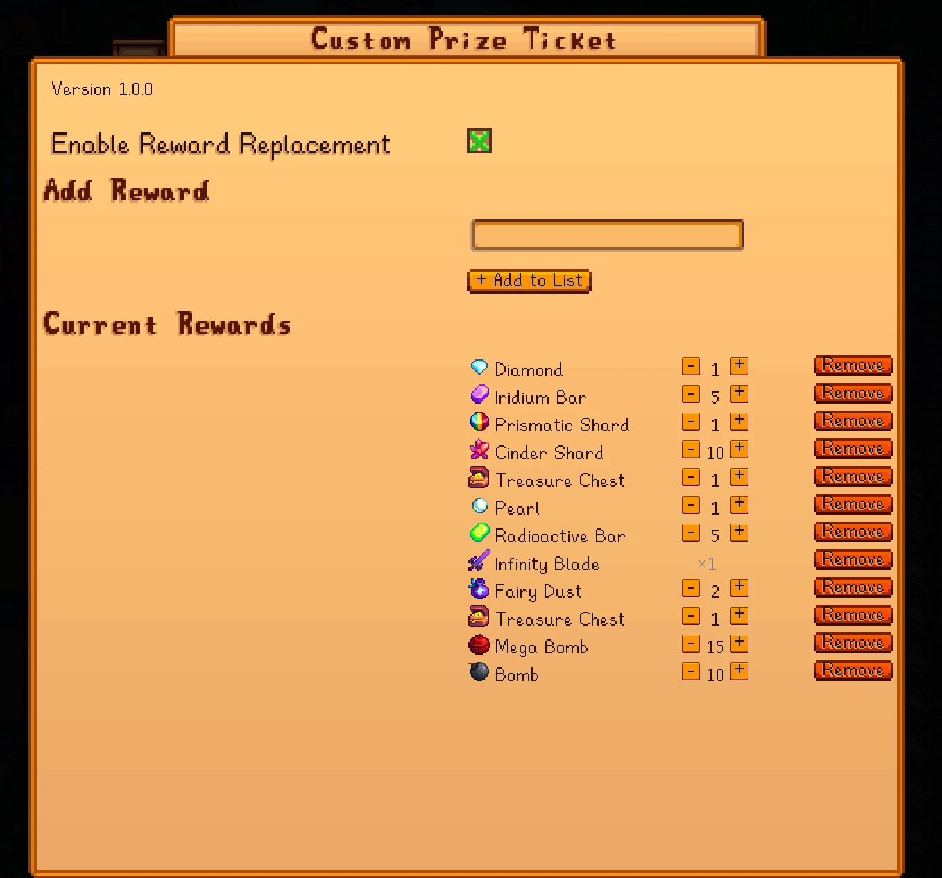 Custom Prize Ticket settings menu listing rewards such as Diamond, Iridium Bar and Prismatic Shard